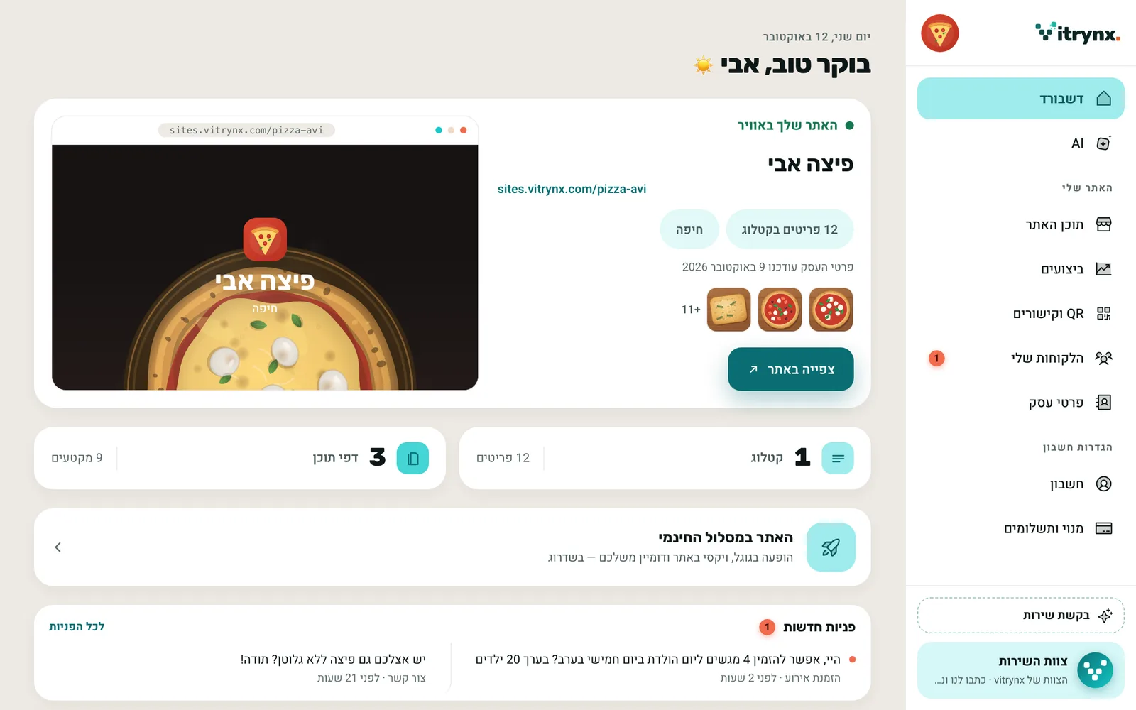 האזור האישי של פיצה אבי: הדשבורד, הקטלוג עם המחירים, והביקורים באתר